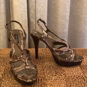 WHBM Leather Karley Strappy Snake Skin Heels 9